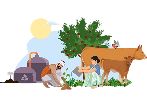 Two people planting a sapling, surrounded by cows, biodigestor and a fruit bearing tree