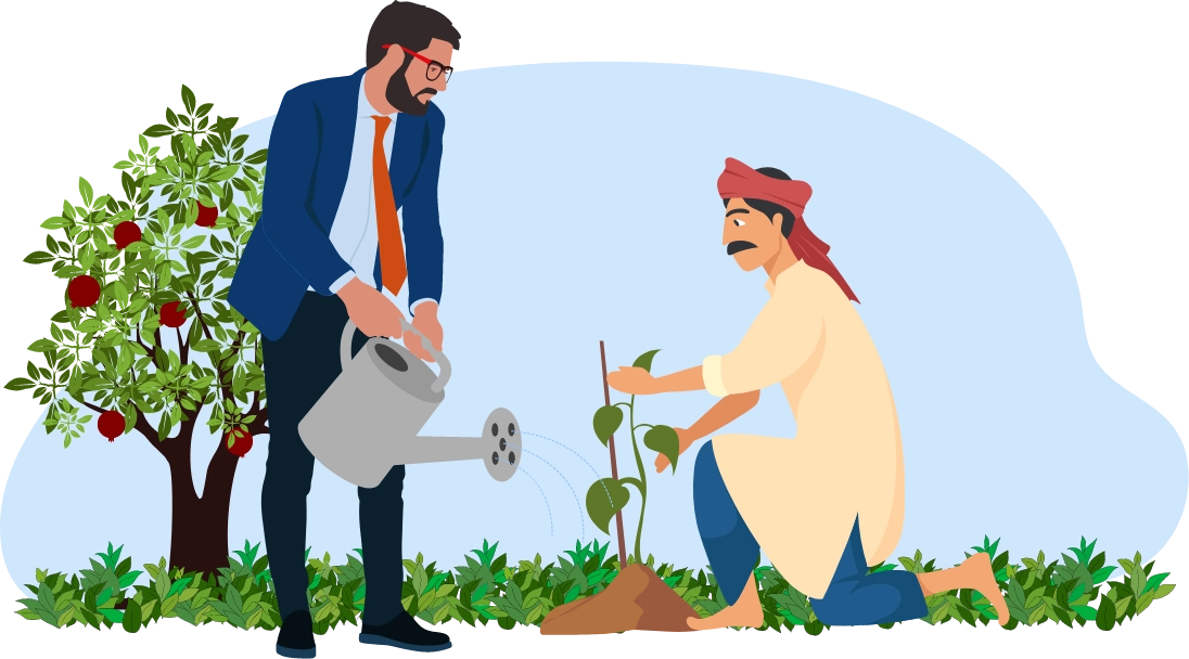 Moneyboxx representative and customer, planting a sapling together