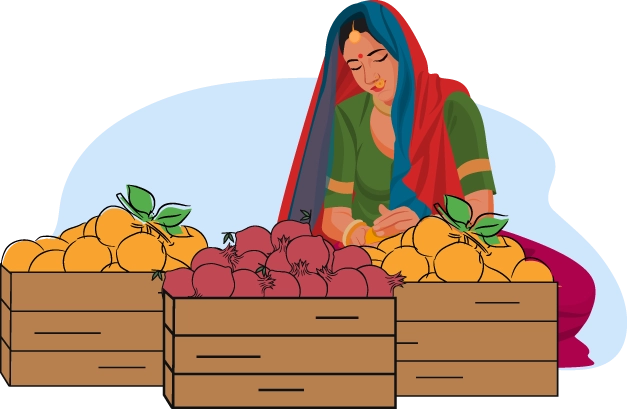 Women sitting with crates of fruits